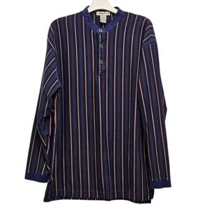 Vintage Eddie Bauer Henley M Blue Orange Striped Long Sleeve Cotton Rugged 90s